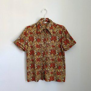 Vintage 1970s Trissi Oranges & Leaf Print Button-Up Short-Sleeve Shirt